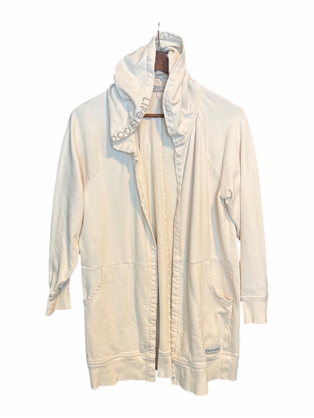Life is Good long line cardigan open front hooded large beach coastal classic